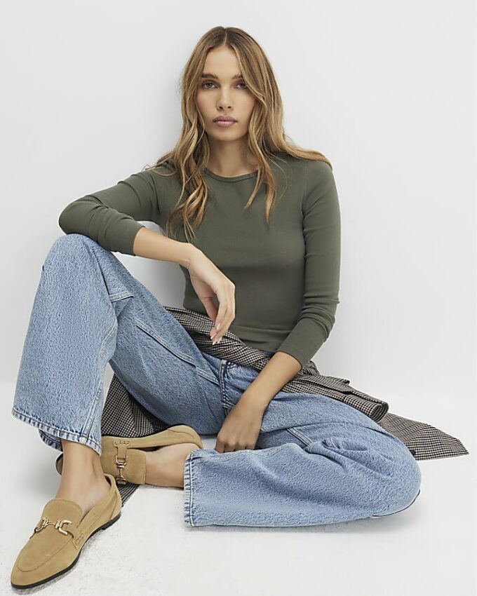 Khaki Cotton Long Sleeve Fitted Top