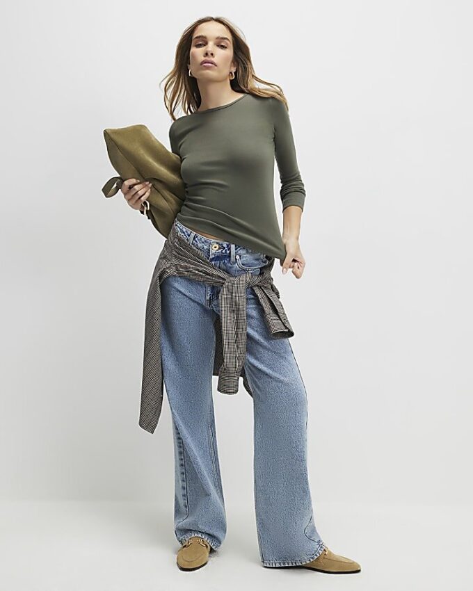 Khaki Cotton Long Sleeve Fitted Top