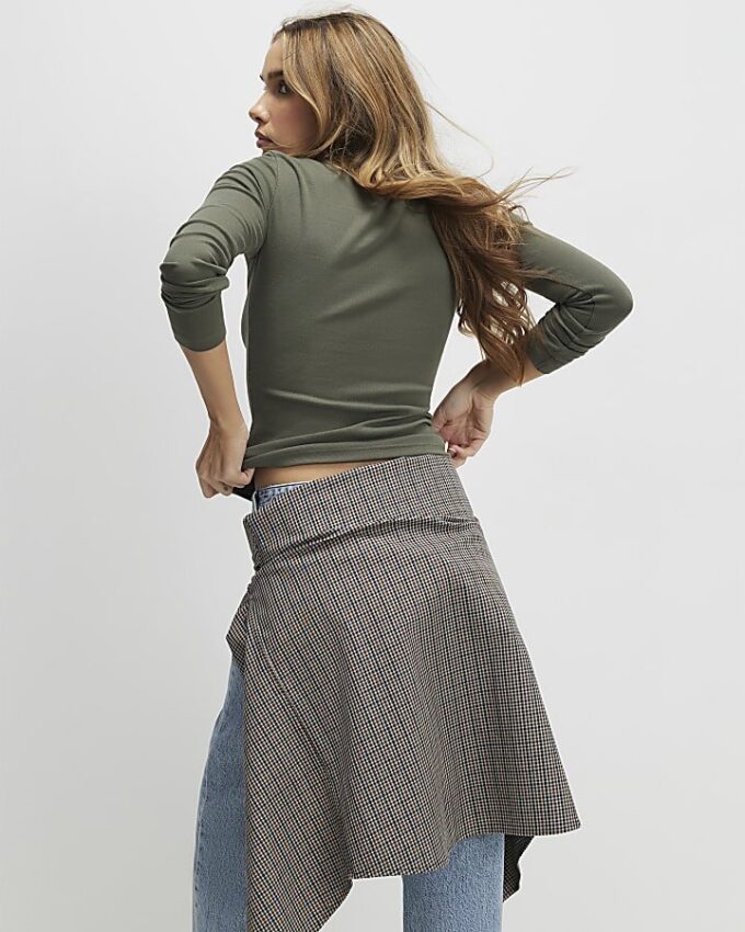Khaki Cotton Long Sleeve Fitted Top