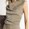 Khaki Faux Leather Hammered Ruched Detail Top