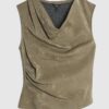 Khaki Faux Leather Hammered Ruched Detail Top