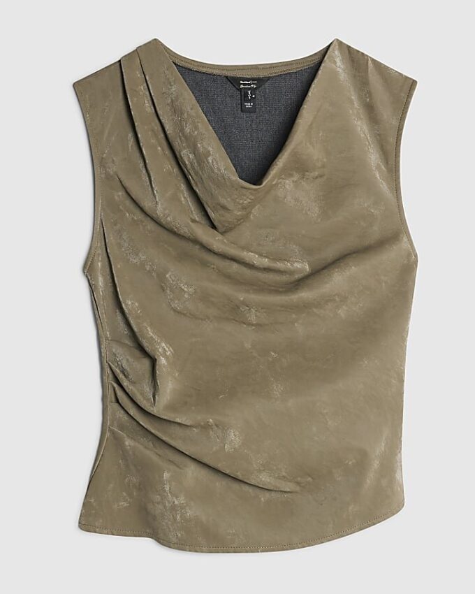 Khaki Faux Leather Hammered Ruched Detail Top