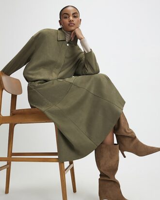 Khaki Faux Suede Full Circle Midi Skirt