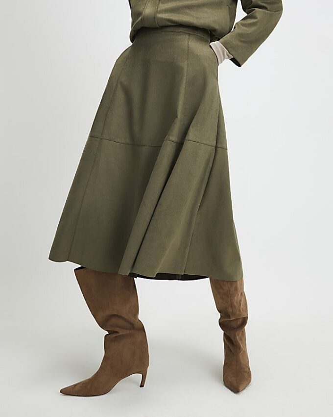 Khaki Faux Suede Full Circle Midi Skirt