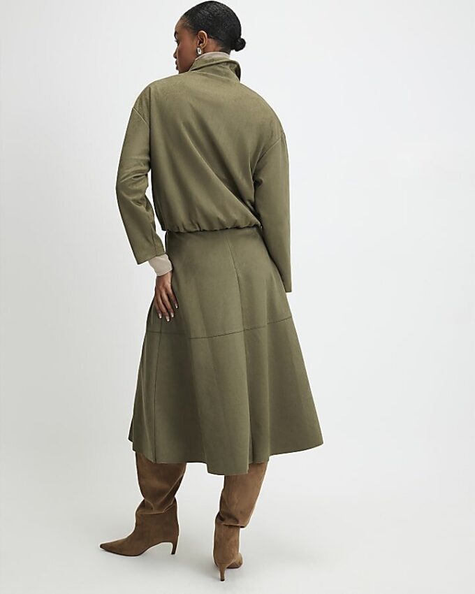 Khaki Faux Suede Full Circle Midi Skirt