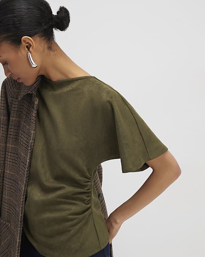Khaki Faux Suede Short Sleeve Ruched Side Top