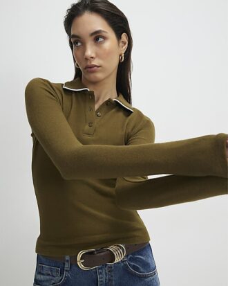 Khaki Long Sleeve Cosy Tipped Polo Shirt