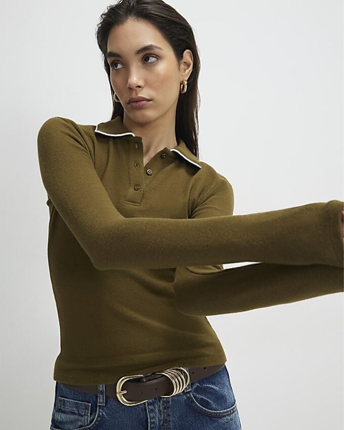 Khaki Long Sleeve Cosy Tipped Polo Shirt