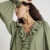 Khaki Long Sleeve Ruffle Blouse