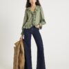 Khaki Long Sleeve Ruffle Blouse