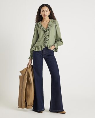 Khaki Long Sleeve Ruffle Blouse