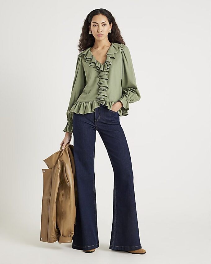 Khaki Long Sleeve Ruffle Blouse