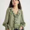 Khaki Long Sleeve Ruffle Blouse