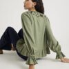 Khaki Long Sleeve Ruffle Blouse
