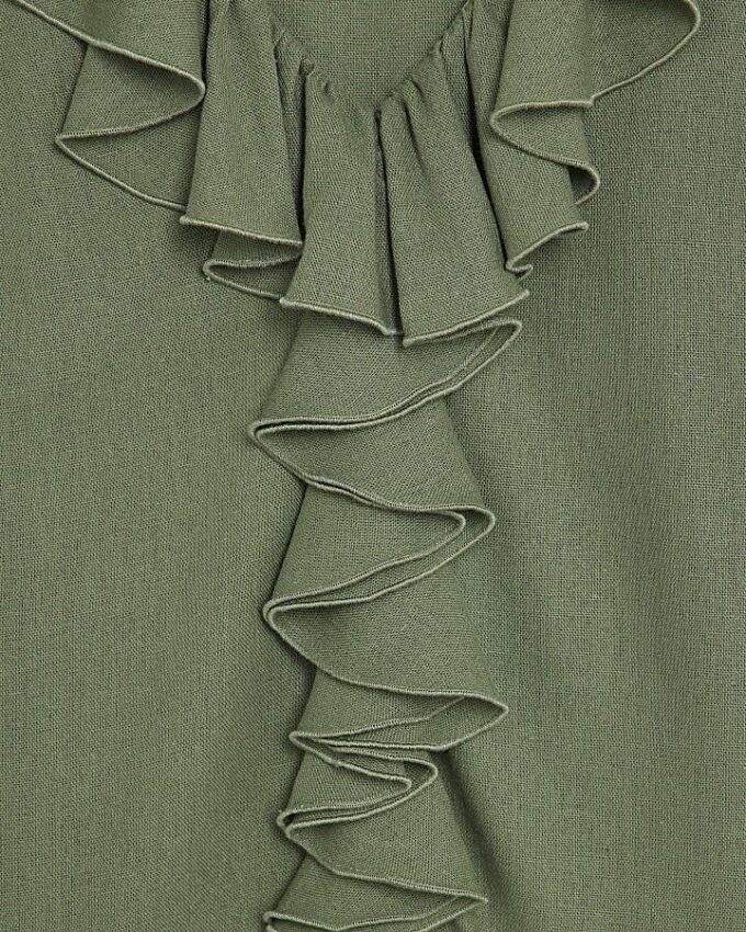 Khaki Long Sleeve Ruffle Blouse