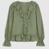 Khaki Long Sleeve Ruffle Blouse