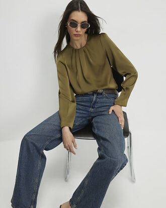 Khaki Pleat Front Blouse
