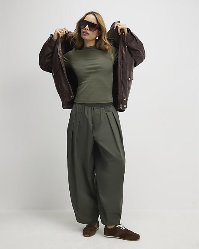 Khaki Short Sleeve Fitted Top