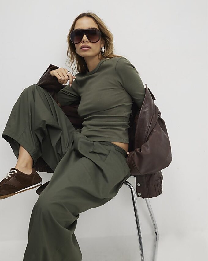 Khaki Short Sleeve Fitted Top