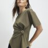 Khaki Short Sleeve Ruched Side Top