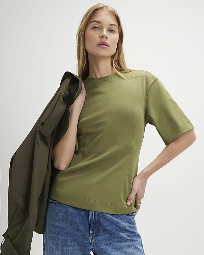 Khaki Short Sleeve Tie Back Seamed Top