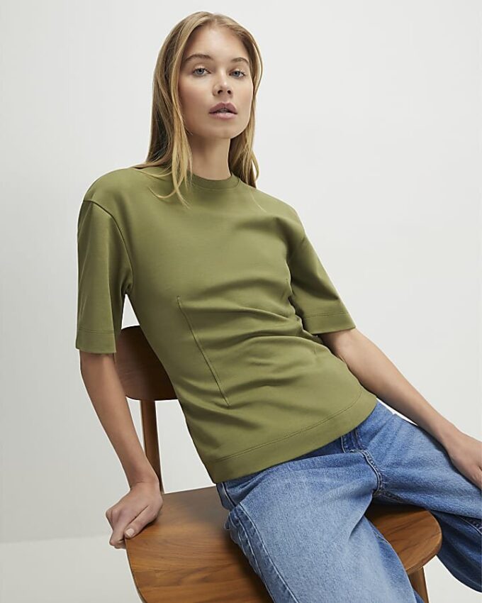 Khaki Short Sleeve Tie Back Seamed Top