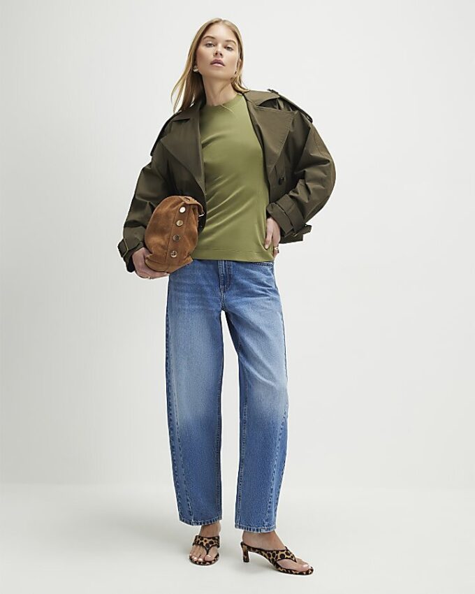 Khaki Short Sleeve Tie Back Seamed Top