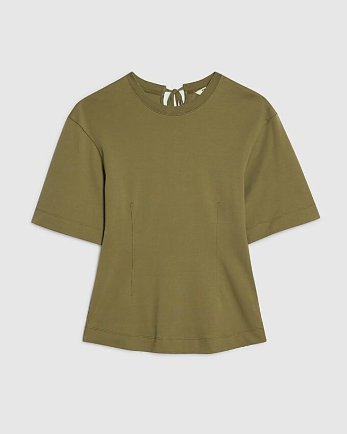 Khaki Short Sleeve Tie Back Seamed Top