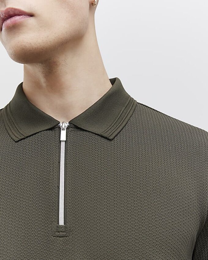 Khaki Slim Fit Textured Polo Shirt