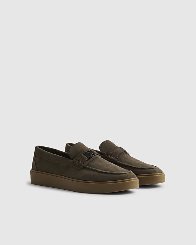 Khaki Suede Buckle Loafers
