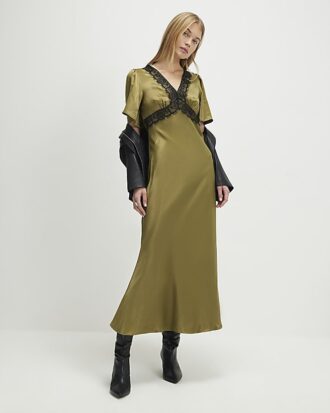 Khaki V Neck Lace Slip Dress