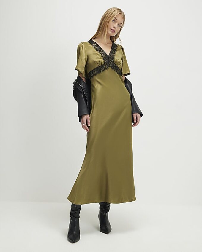 Khaki V Neck Lace Slip Dress