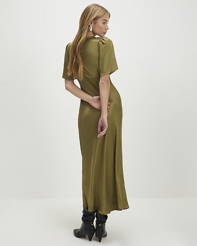 Khaki V Neck Lace Slip Dress