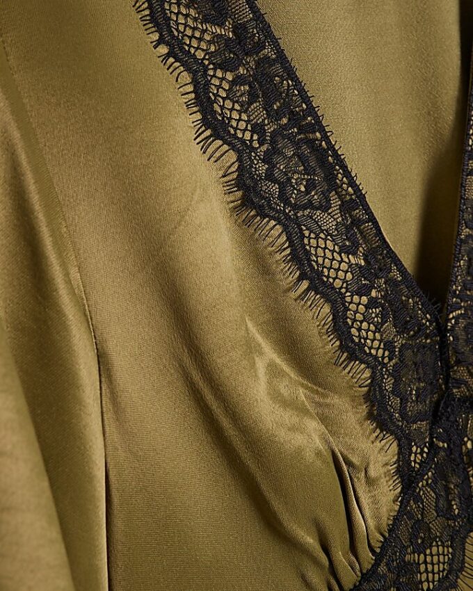 Khaki V Neck Lace Slip Dress