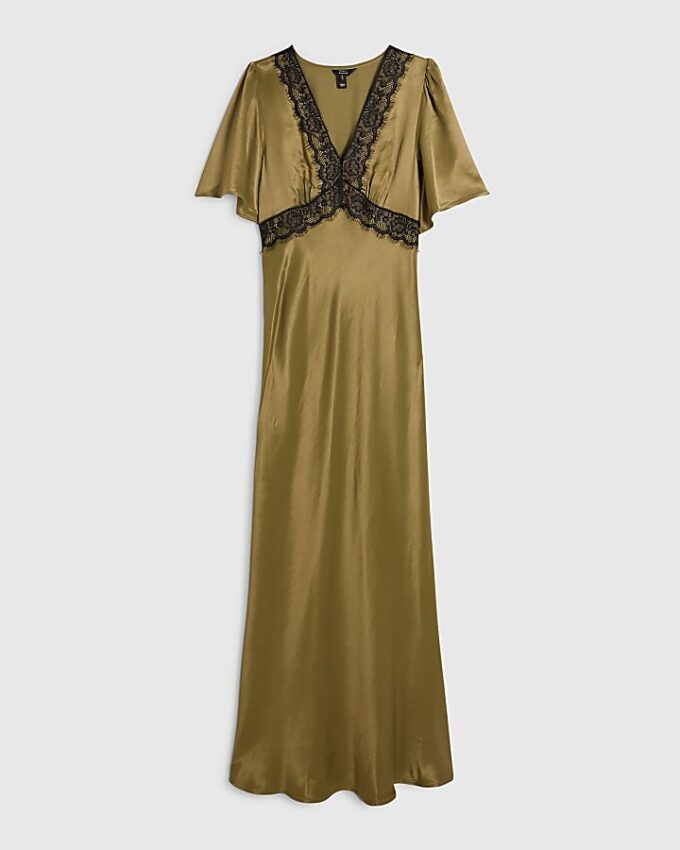 Khaki V Neck Lace Slip Dress