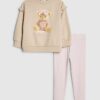 Mini Girls Beige Bow Hat Bear Sweatshirt Set