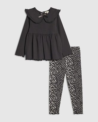 Mini Girls Black Rib Collar Top Set