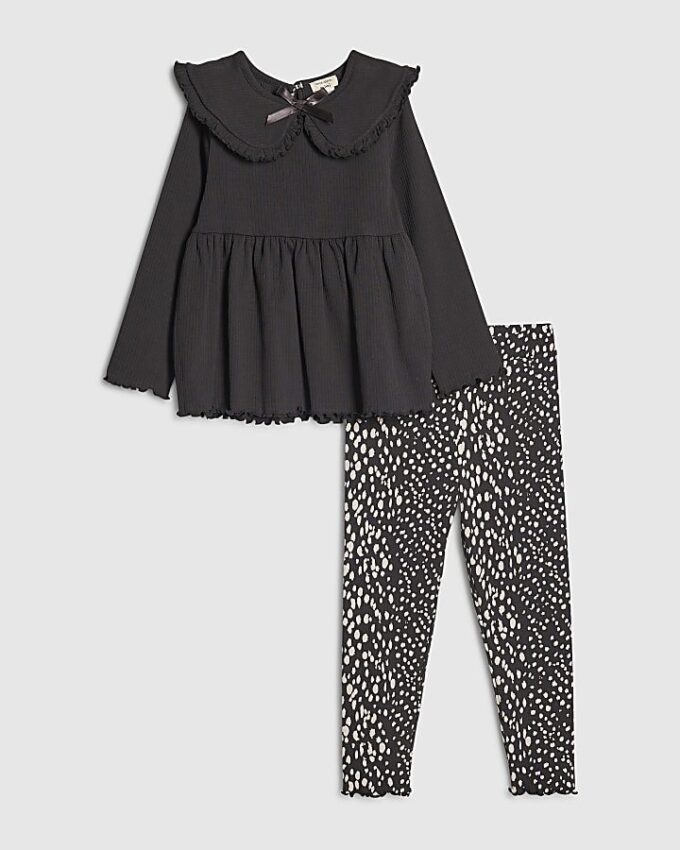 Mini Girls Black Rib Collar Top Set