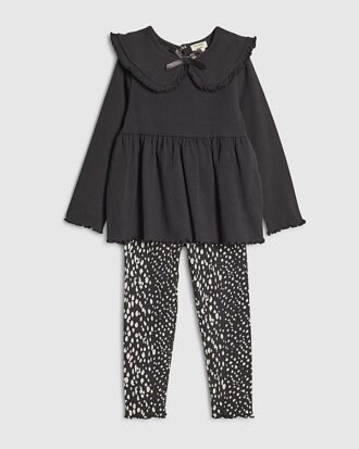 Mini Girls Black Rib Collar Top Set