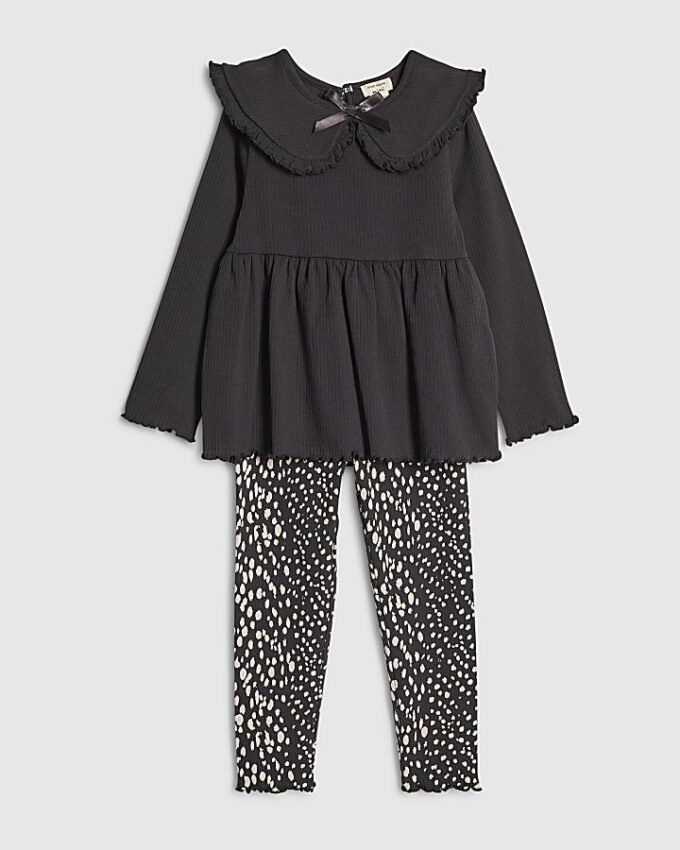 Mini Girls Black Rib Collar Top Set