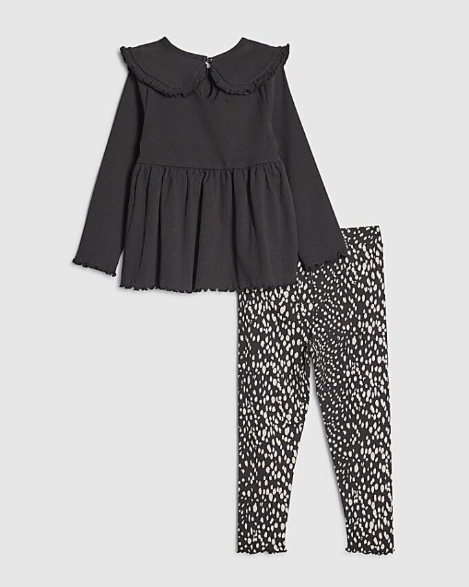 Mini Girls Black Rib Collar Top Set