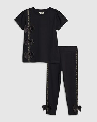Mini Girls Black Satin Bow T-Shirt Set