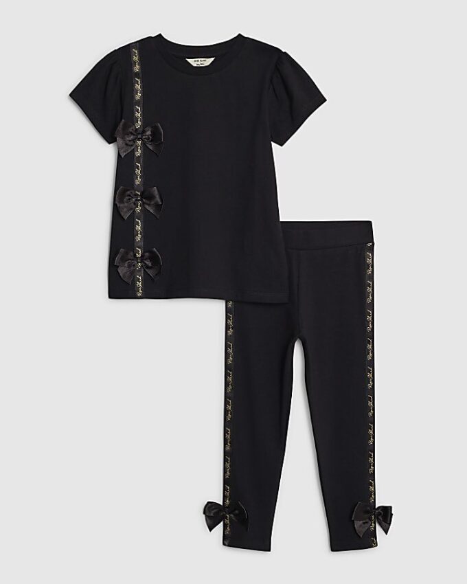 Mini Girls Black Satin Bow T-Shirt Set
