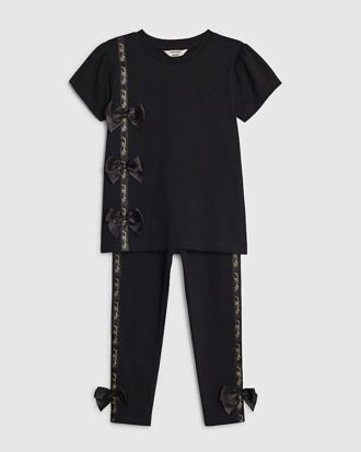 Mini Girls Black Satin Bow T-Shirt Set