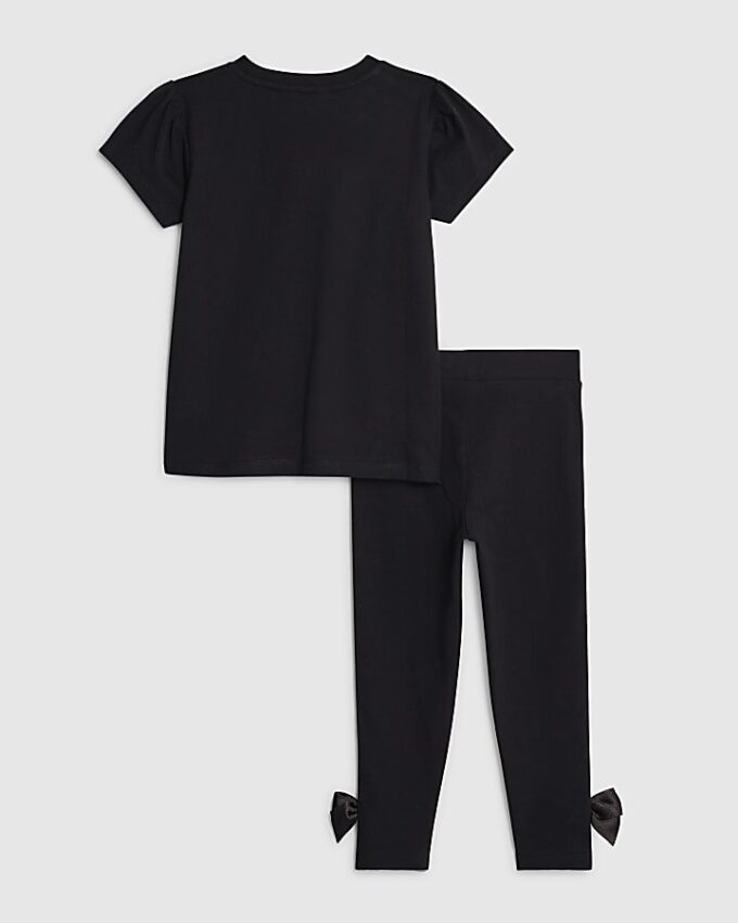 Mini Girls Black Satin Bow T-Shirt Set