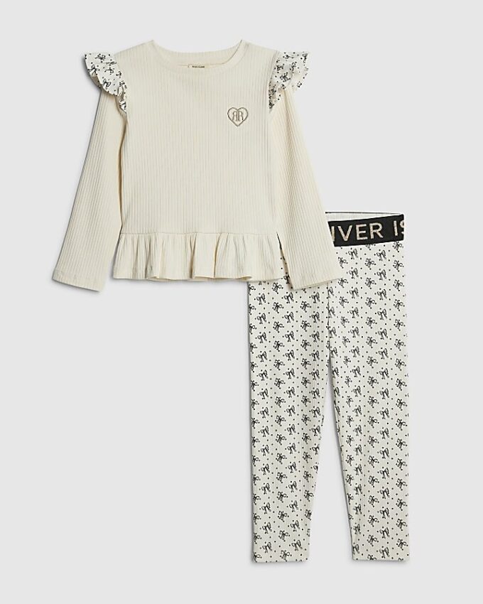 Mini Girls Cream Bow Ribbed Top Set