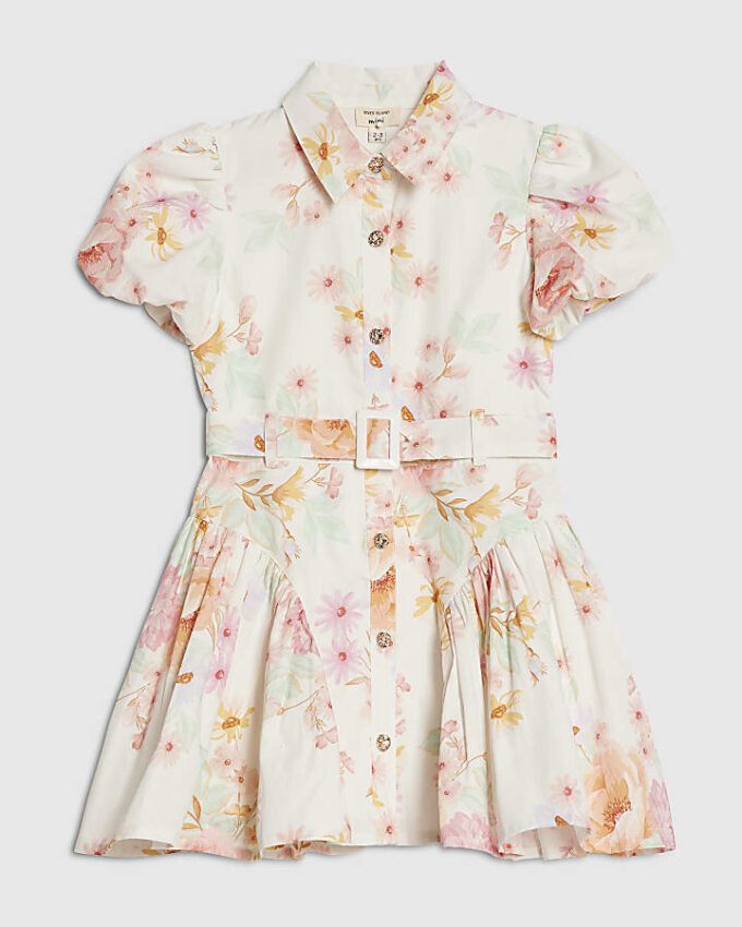 Mini Girls Cream Floral Print Prom Dress
