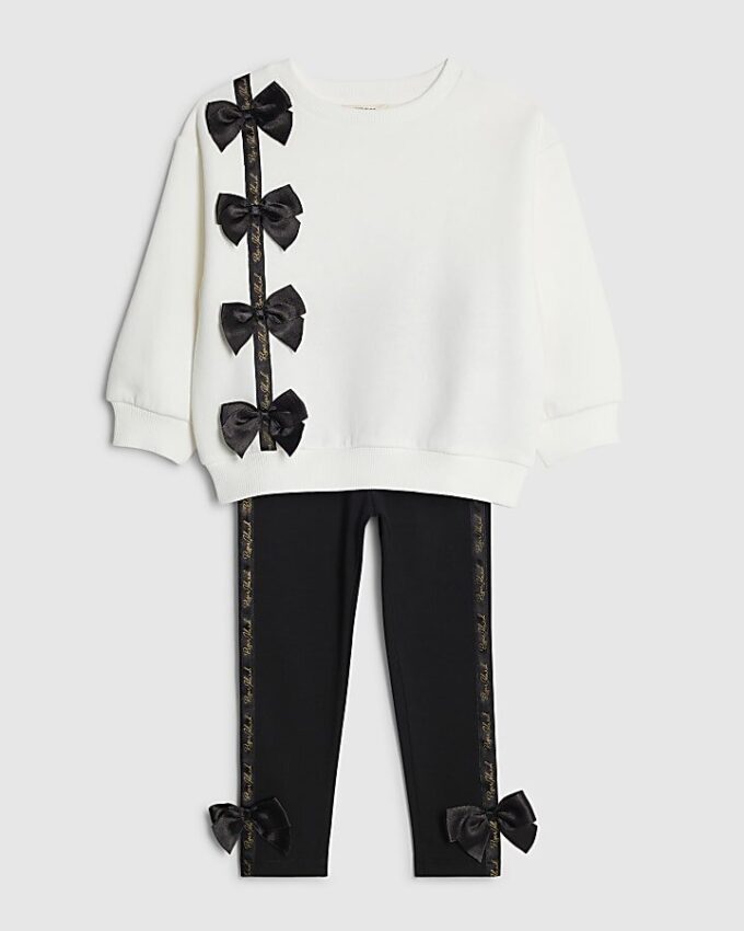 Mini Girls Cream Satin Bow Sweatshirt Set