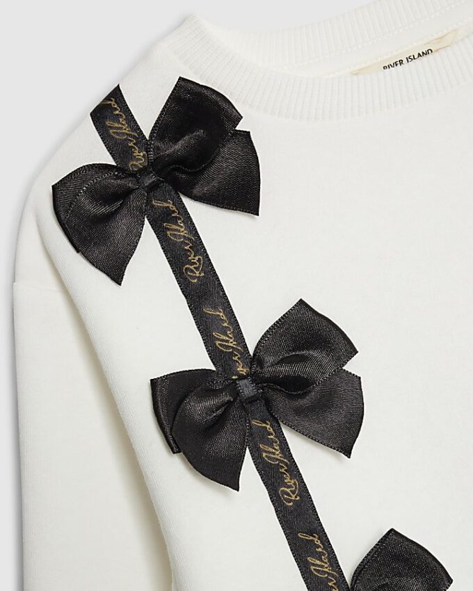 Mini Girls Cream Satin Bow Sweatshirt Set