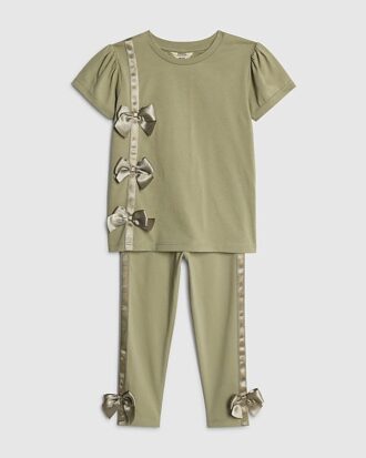 Mini Girls Khaki Satin Bow T-Shirt Set